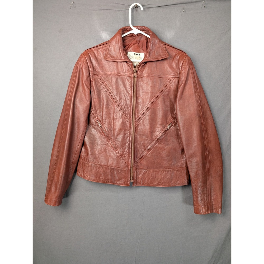 Saxony Genuine Leather Jacket Brown Full Zip Moto Bomber Size 42